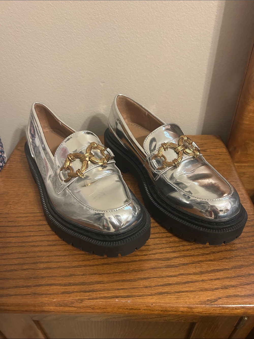 Circus by Sam Edelman Silver Metallic Loafers with Gold Chain